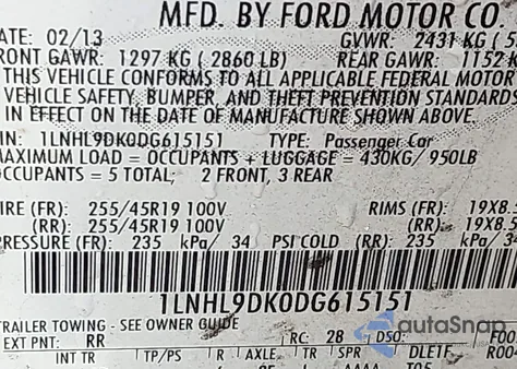 2013 Lincoln Mks z USA, uszkodzony, nr VIN 1LNHL9DK0DG615151